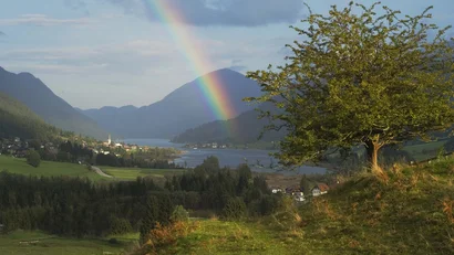 Berglandschaft mit See, Dorf, Regenbogen und großem Baum