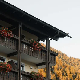 Holzbalkone mit roten Blumen vor einem herbstlichen Bergwald
