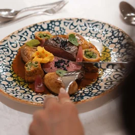 Gourmetgericht mit geschnittenem Fleisch, Gemüse und Sauce auf dekorativem Teller