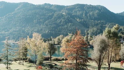 Park mit Bäumen und Spielplatz am See vor bewaldeten Bergen